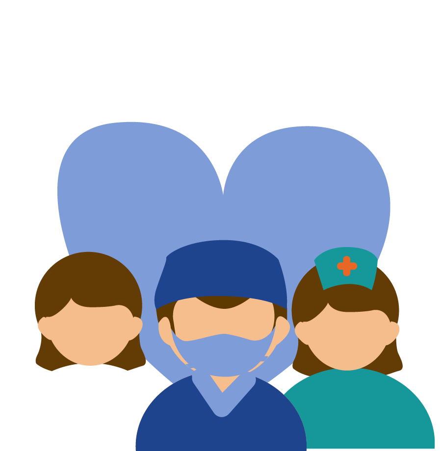 Icono vector de tres personas, un médico, una enfermera y un paciente y detras de ellos un corazón grande en celeste