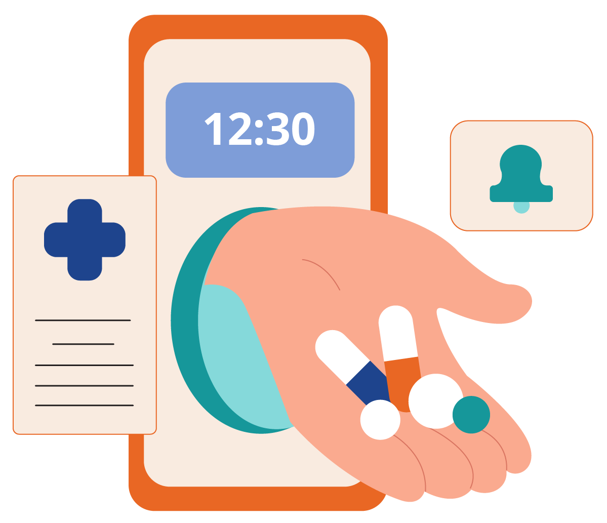Icono vector de un celular que de la pantalla sale una mano con pastillas mientras suena la alarma
