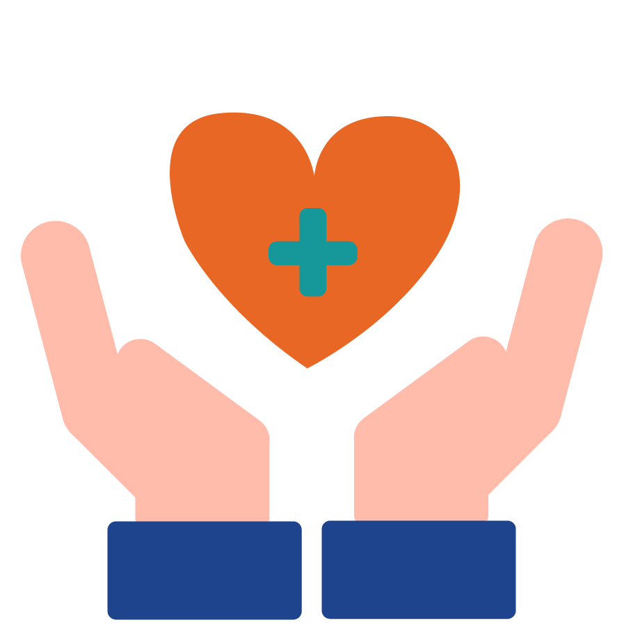Icono vector de dos manos que en el médio tienen un corazón naranja que dentro tiene una cruz de salud en verde